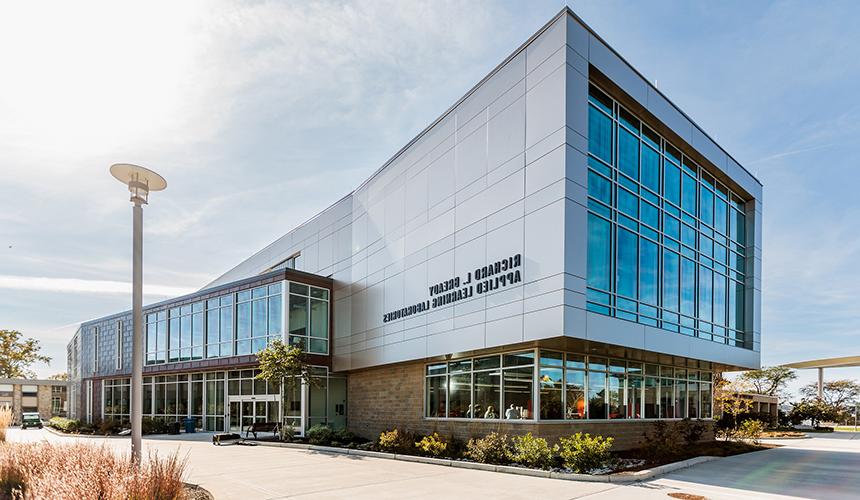 aerial image of  the Richard L. Bready Applied Learning Laboratories building with Mount Hope bridge in background